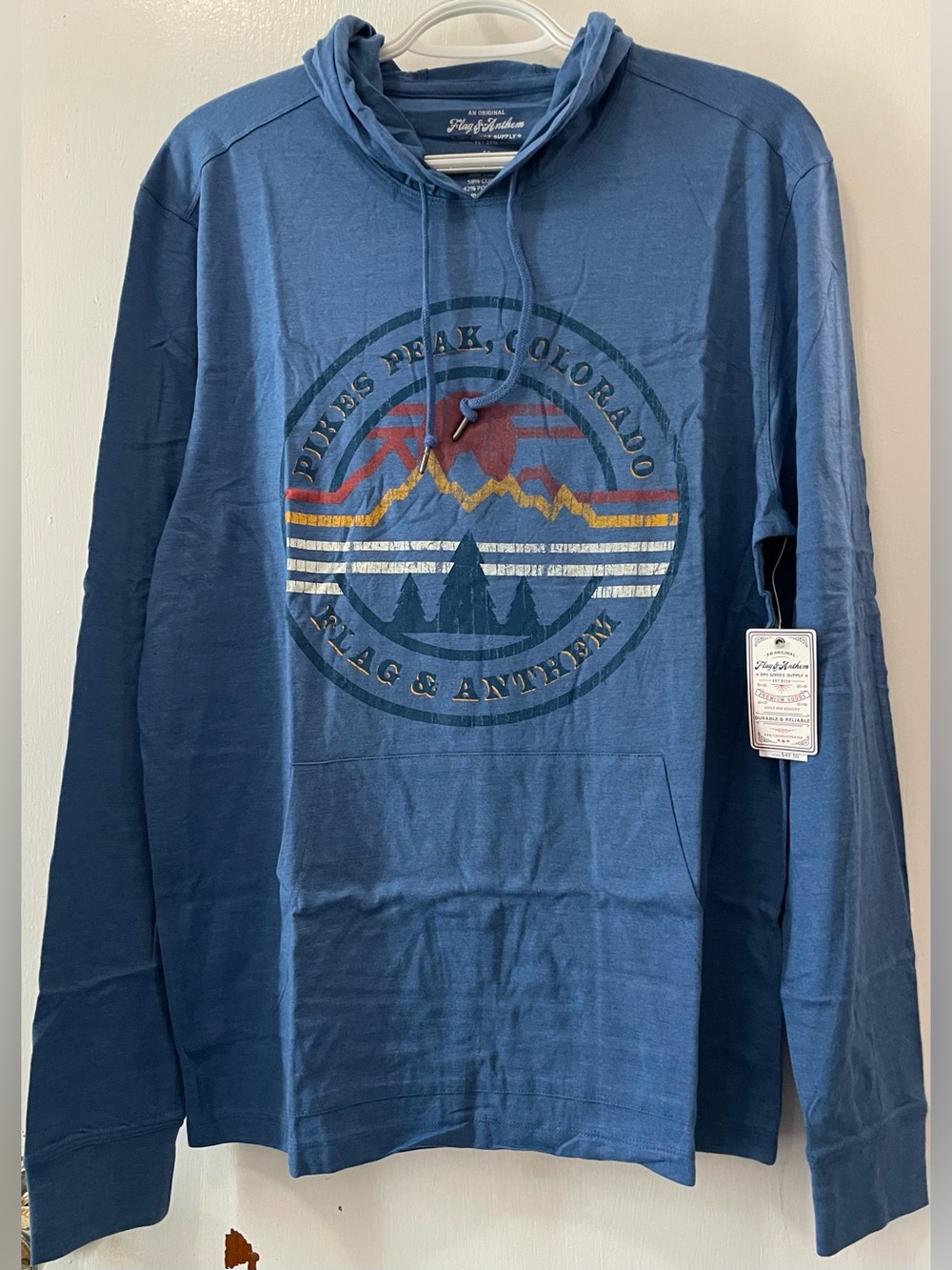 Flag & Anthem Men’s Blue Heather Long Sleeve Pullover Hoodie Shirt Size Medium M